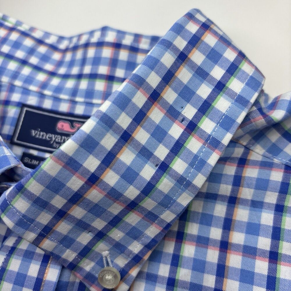 Vineyard Vines Slim Fit Men's Large Blue White Plaid Long Sleeve Murray Shirt - Picture 7 of 8